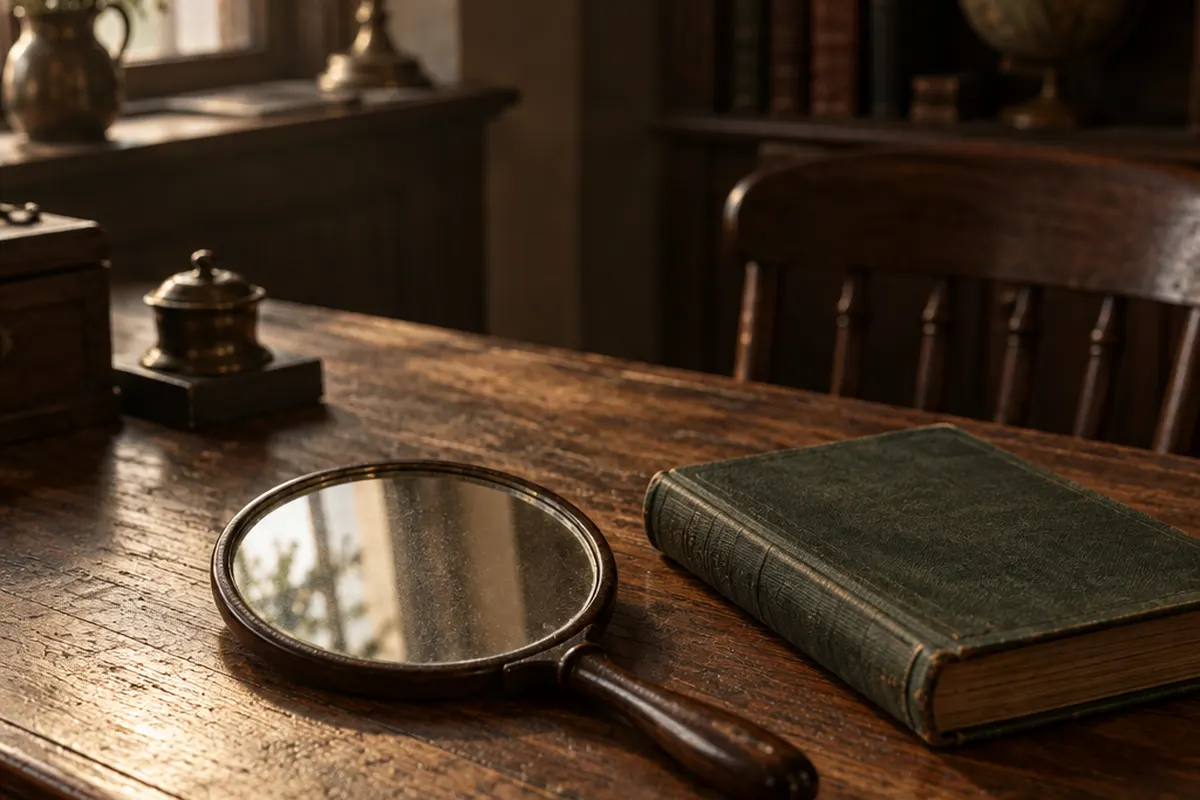 Hand mirror beside a cloth-bound book on a desk