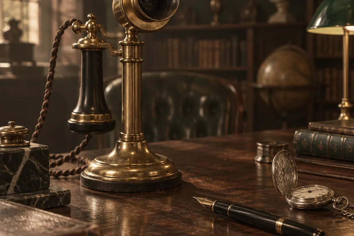 Early 1900s office desk with telephone and pen