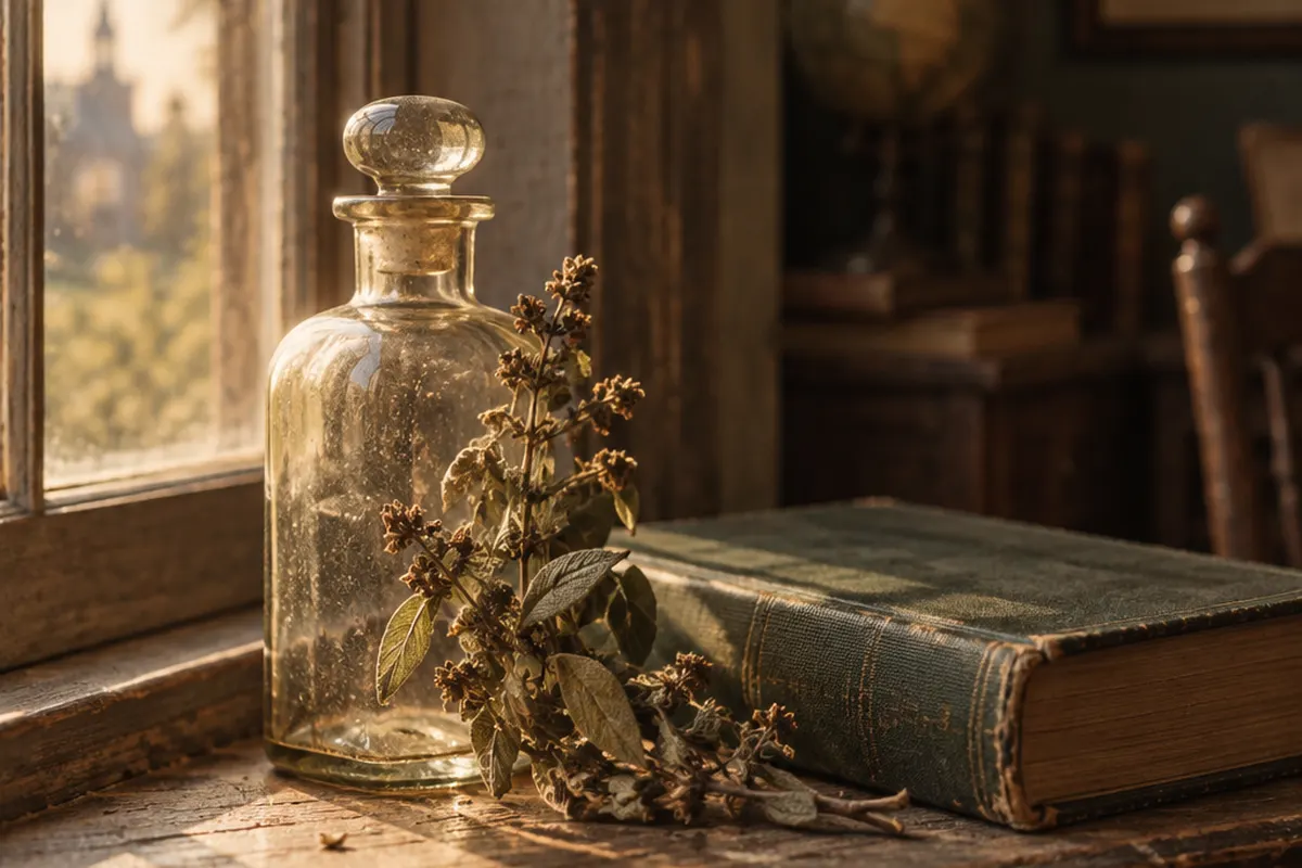 Apothecary bottle and herbs beside a book