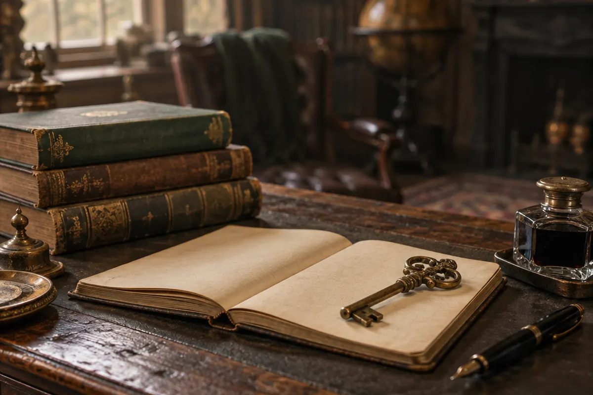 Antique desk with old books and a brass key