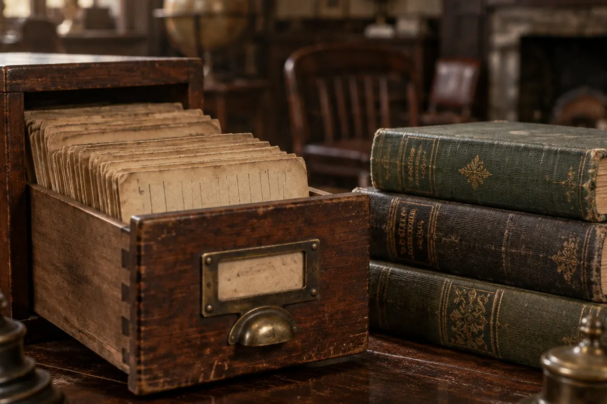 Library card catalog drawer beside old books