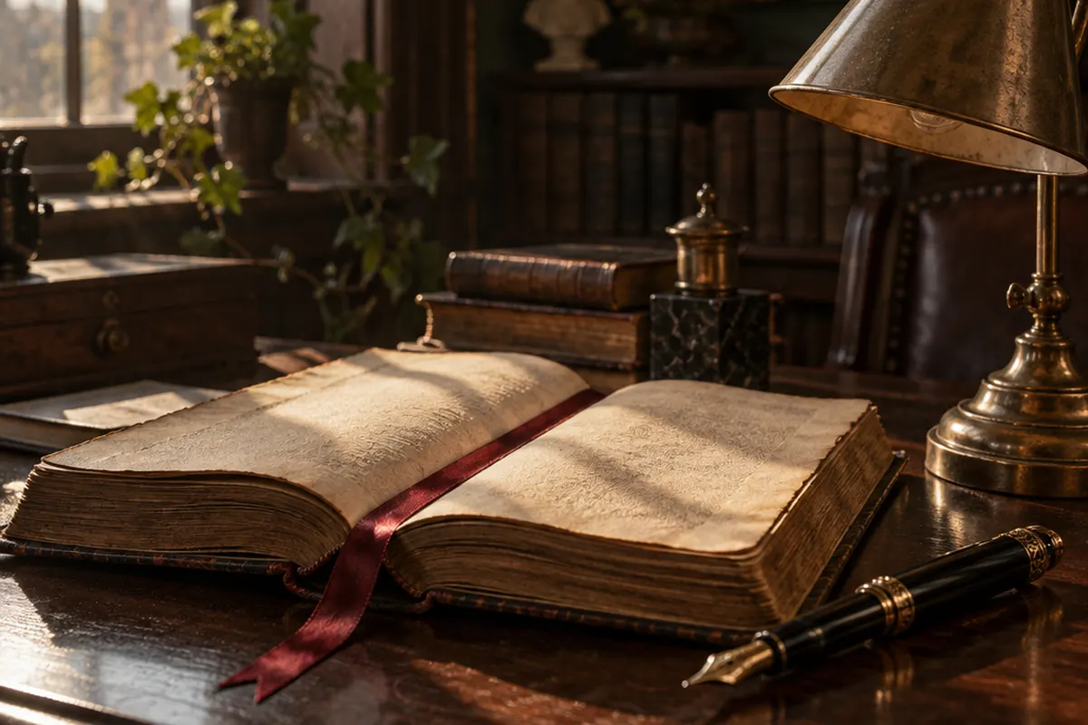Open antique book with a ribbon bookmark and pen