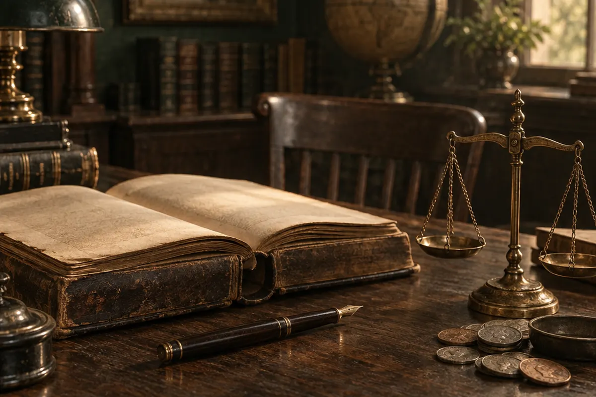 Old ledger with a brass scale and coins