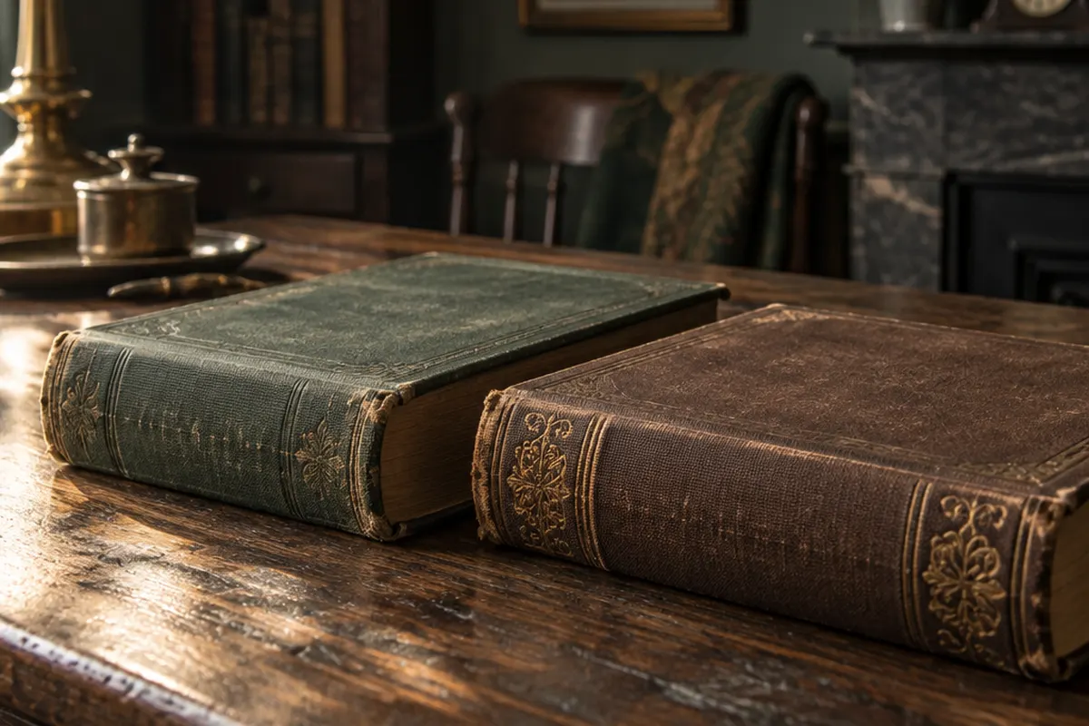 Two old books side by side on a wooden table