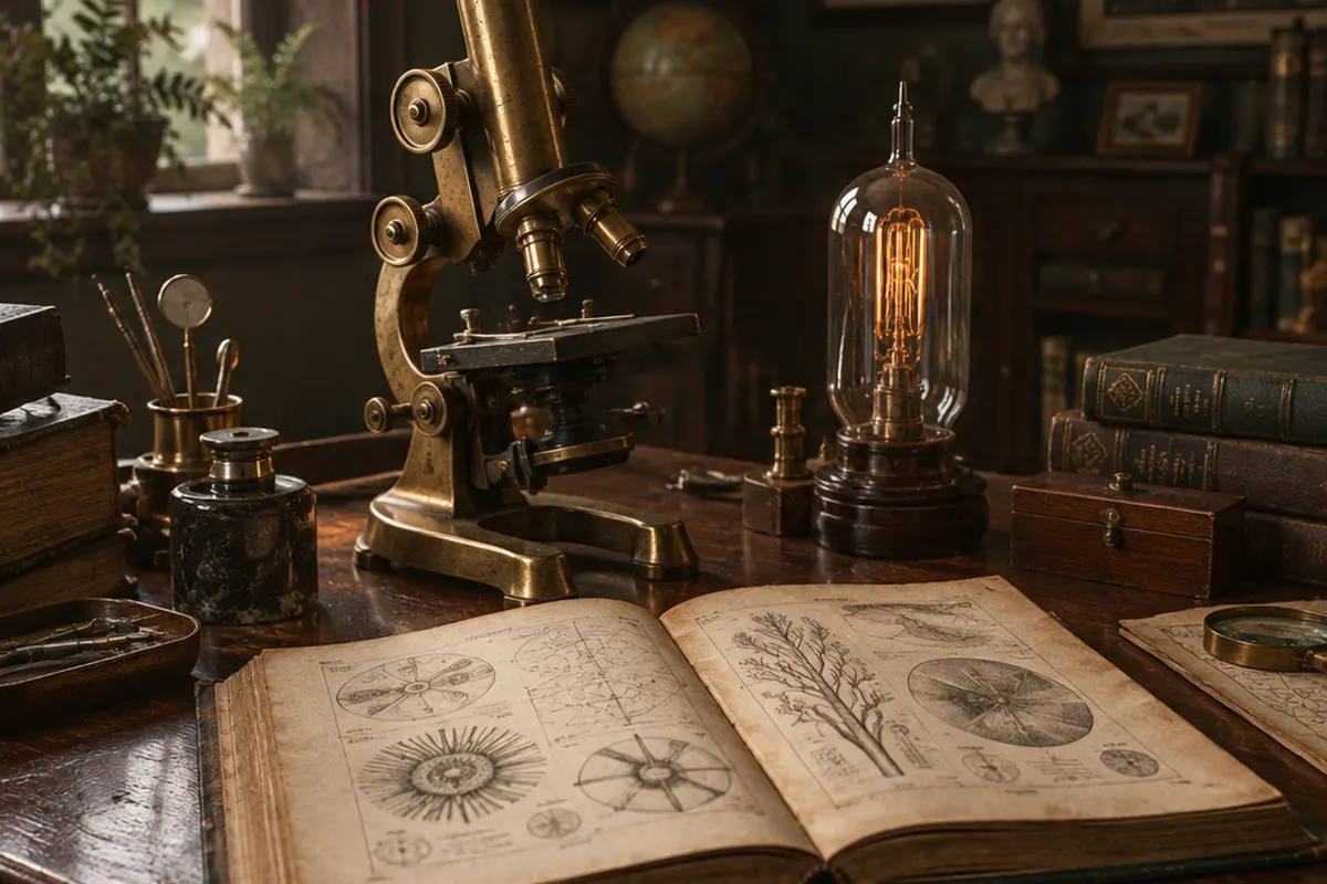 Antique microscope and vacuum tube on a desk