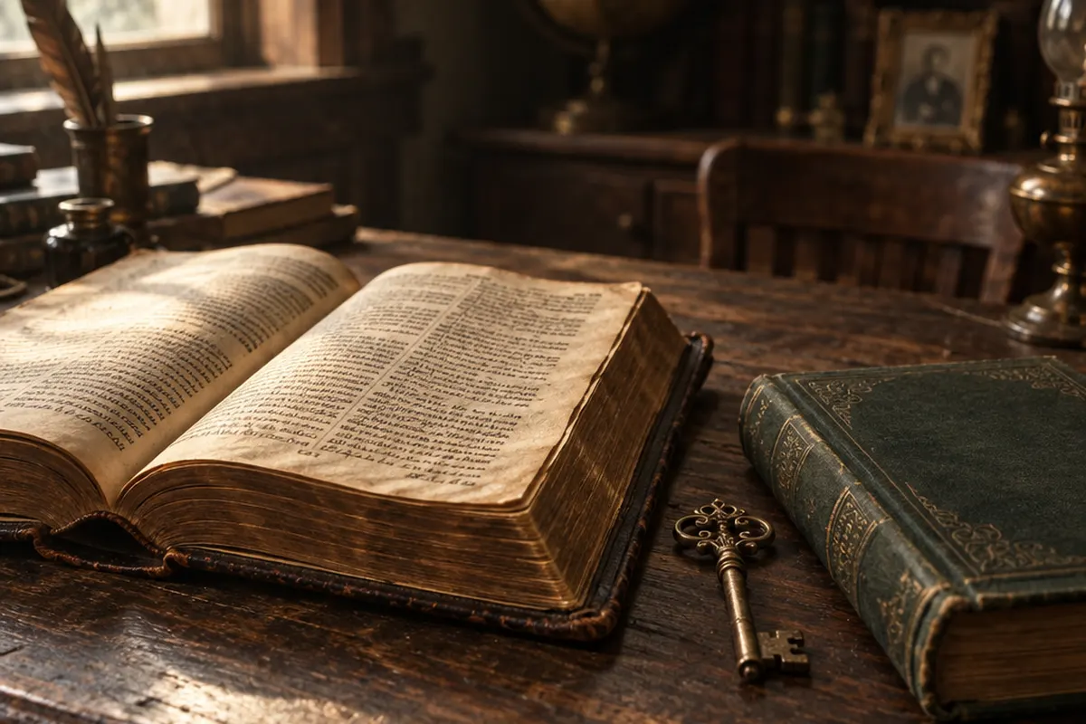 Open old Bible beside an early 1900s book